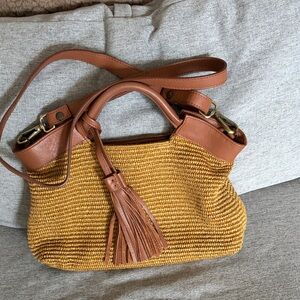 Handwoven Mustard Straw Tote with Brown Leather Trim